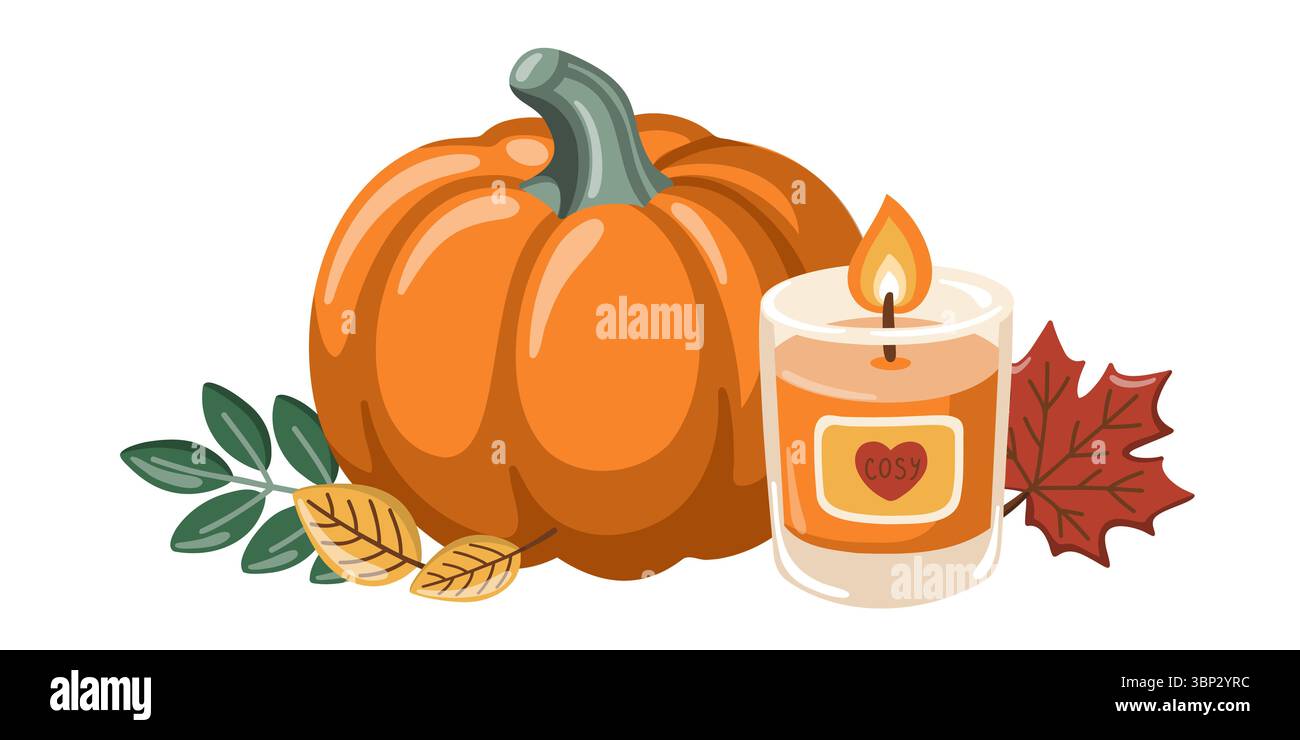 Zucca all'arancia, candela calda e foglie autunnali. Ora dell'autunno. Design autunnale. Hugge. Illustrazione vettoriale cartoni animati Illustrazione Vettoriale