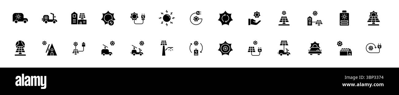 Set di icone energia solare, energia alimentata dalla natura. Include veicolo elettrico, pannello solare, generatore solare, serra e dispositivo ricaricabile. Glifi e. Illustrazione Vettoriale