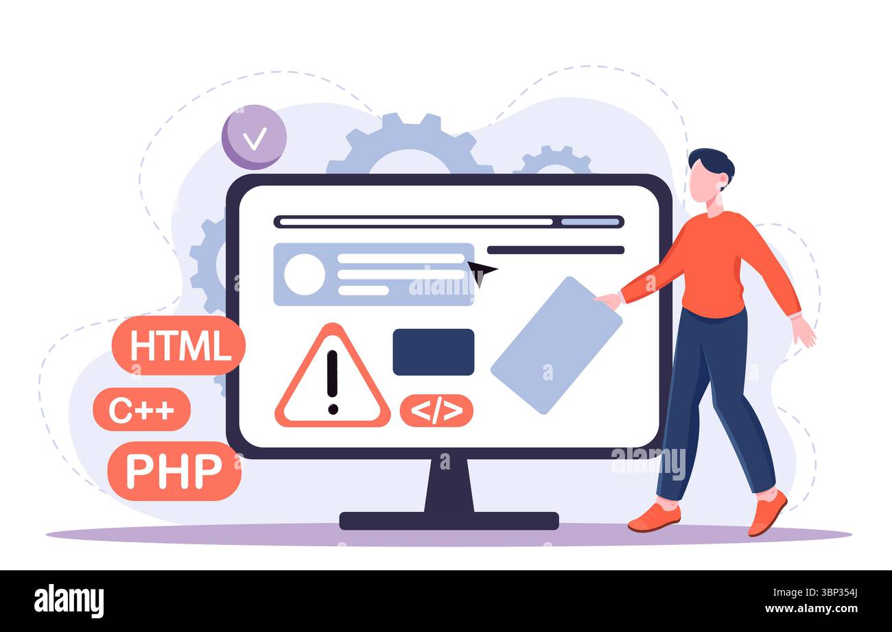 Uomo sviluppatore di software. Ragazzo vicino al monitor del computer con linguaggi di programmazione. Programmatore e programmatore sul posto di lavoro. Estremità posteriore e anteriore Illustrazione Vettoriale