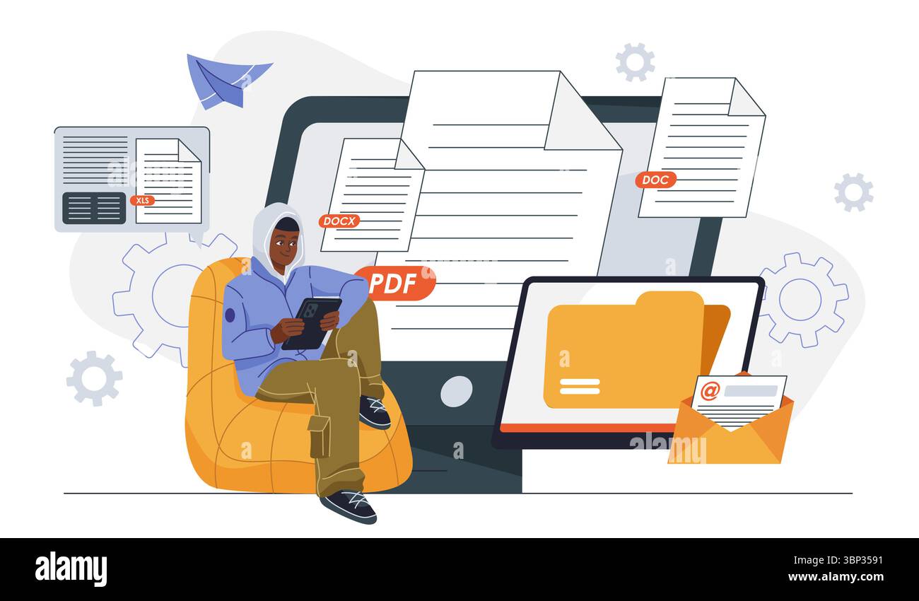 Formati dei file di testo. L'uomo con un tablet in mano si siede vicino a un computer con documenti di testo elettronici. PDF, xls e doc Comunicazione aziendale. Archivio Illustrazione Vettoriale