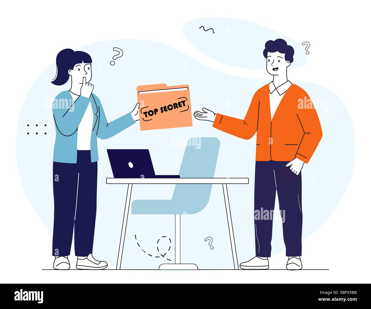 Persone con file top secret. Uomo e donna con una cartella di documenti. Segreto di stato. Privacy e informazioni private. Sicurezza e sicurezza dei documenti Illustrazione Vettoriale