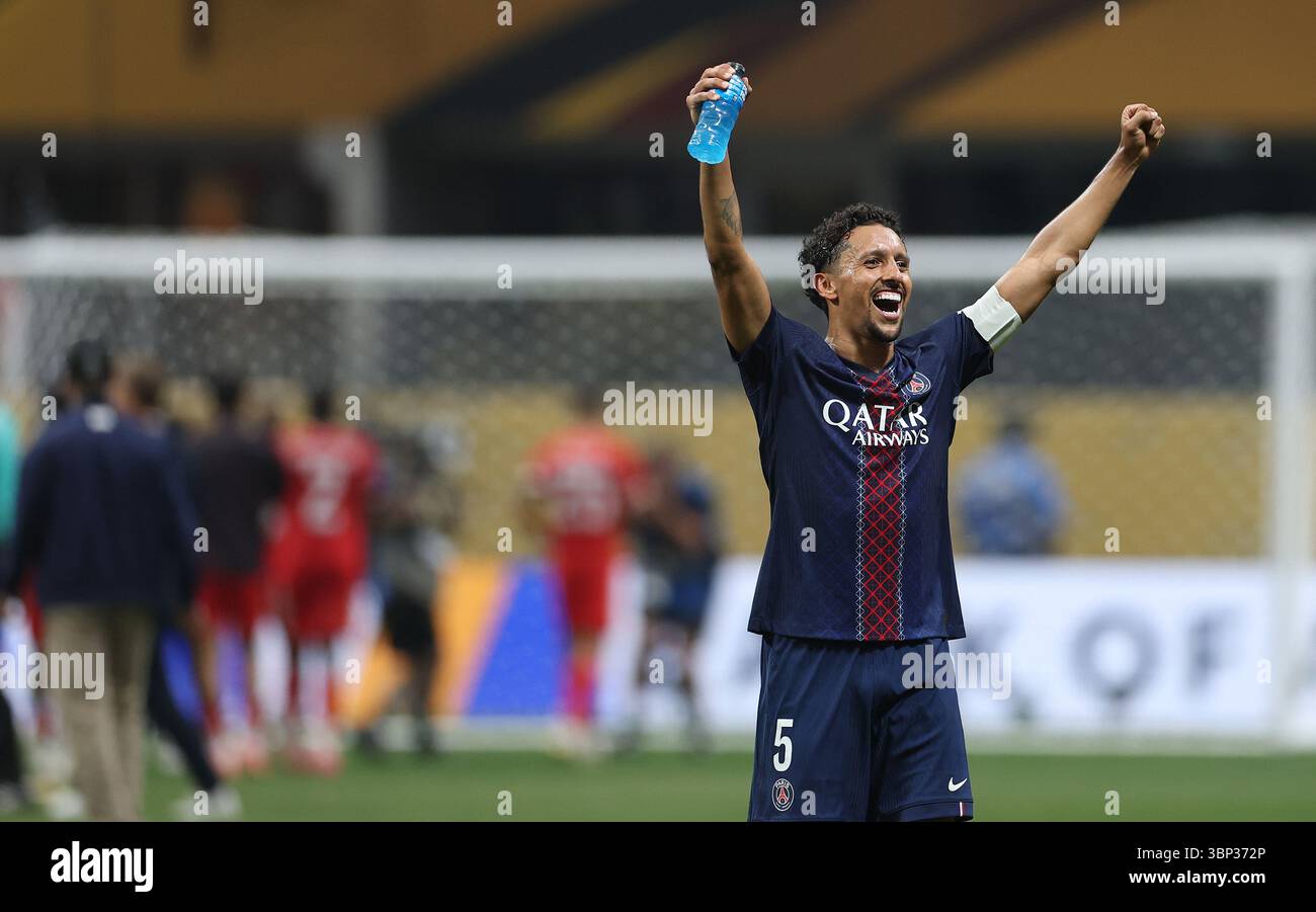 Atlanta, Stati Uniti. 5 luglio 2025. Marquinhos di Paris Saint-Germain festeggia dopo i quarti di finale tra Paris Saint-Germain (fra) e FC Bayern Monaco (GER) alla Coppa del mondo per club FIFA 2025 al Mercedes-Benz Stadium di Atlanta, Georgia, Stati Uniti, 5 luglio, 2025. credito: li Ming/Xinhua/Alamy Live News Foto Stock