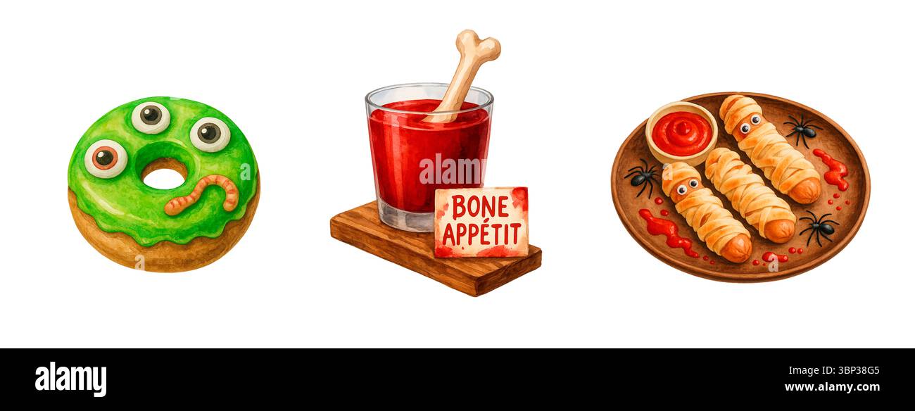 Spaventoso set di cibo di Halloween con ciambella mostro verde e bevanda di sangue Foto Stock