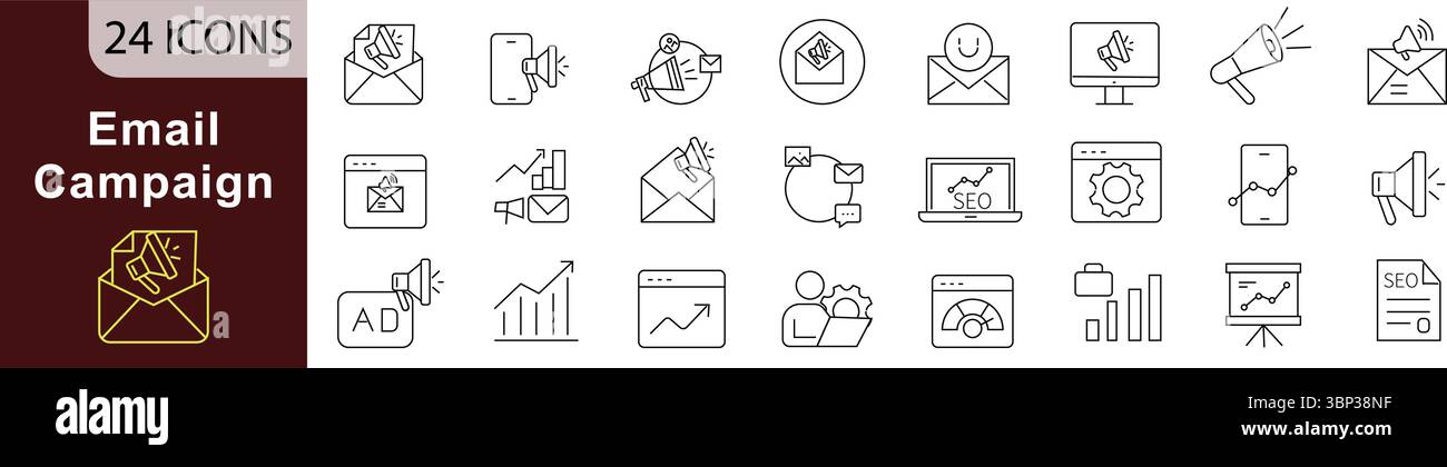 Icone campagna e-mail e linea di marketing impostate per la pubblicità e la comunicazione digitali Illustrazione Vettoriale