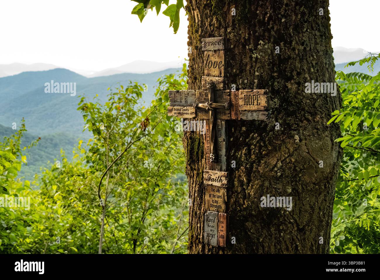 Una croce commemorativa per motociclisti lungo la Richard B. Russell Scenic Highway a Hog Pen Gap, accanto all'attraversamento dell'Appalachian Trail nella Georgia del Nord. (USA) Foto Stock