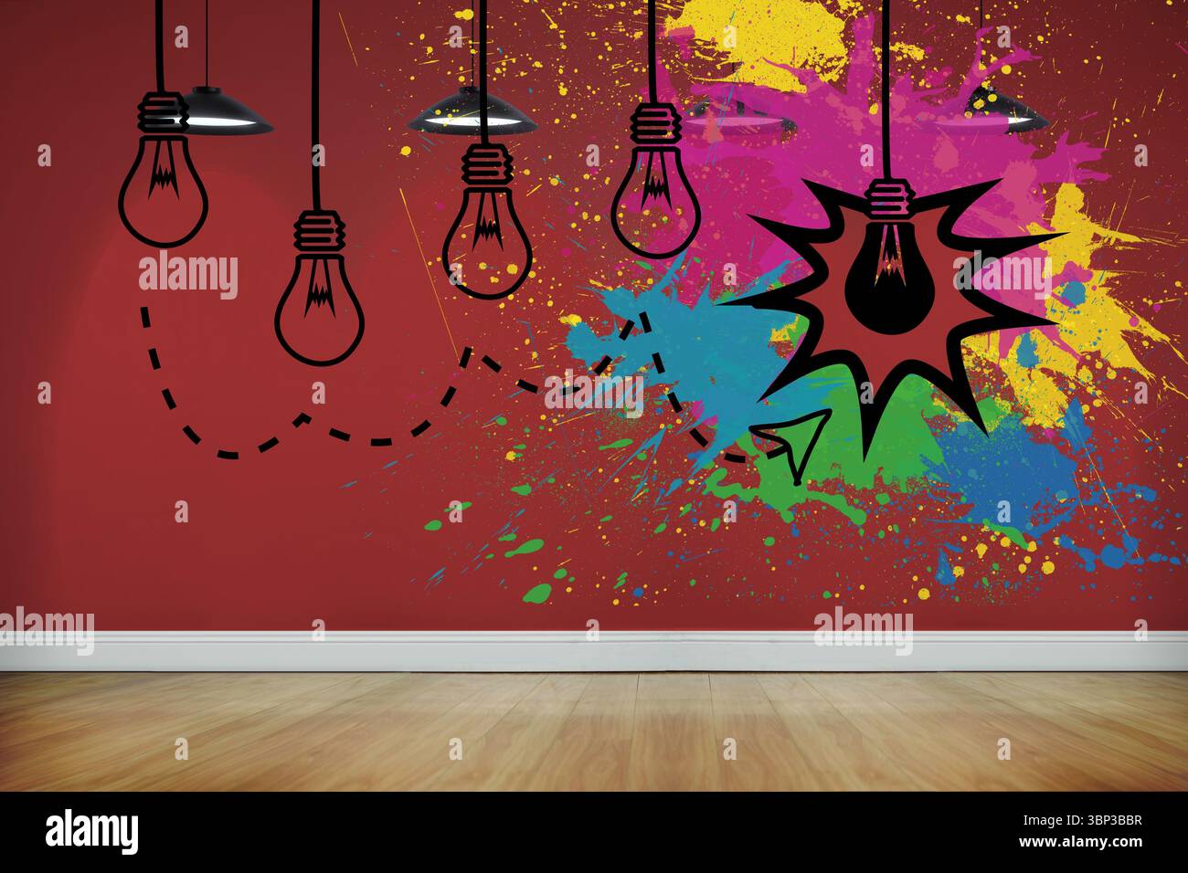Il murale rosso piatto mostra lampadine, lampade a sospensione, spruzzi di vernice a raffica, tracce tratteggiate di aeroplani di carta Foto Stock