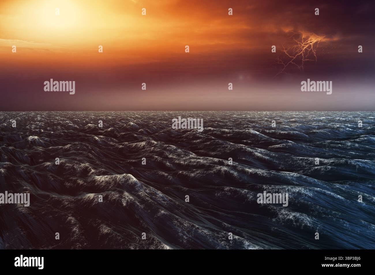 Le onde oceaniche tempestose si schiantano sotto il cielo rosso-arancione brillante con un design piatto e fulmini Foto Stock