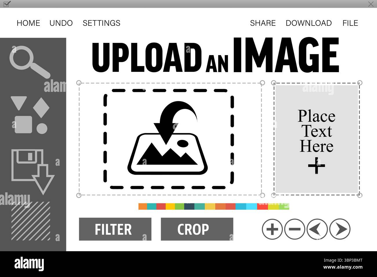 Mostra la zona di caricamento tratteggiata con icona immagine, barra degli strumenti laterale, casella di testo, filtro ritaglio Foto Stock