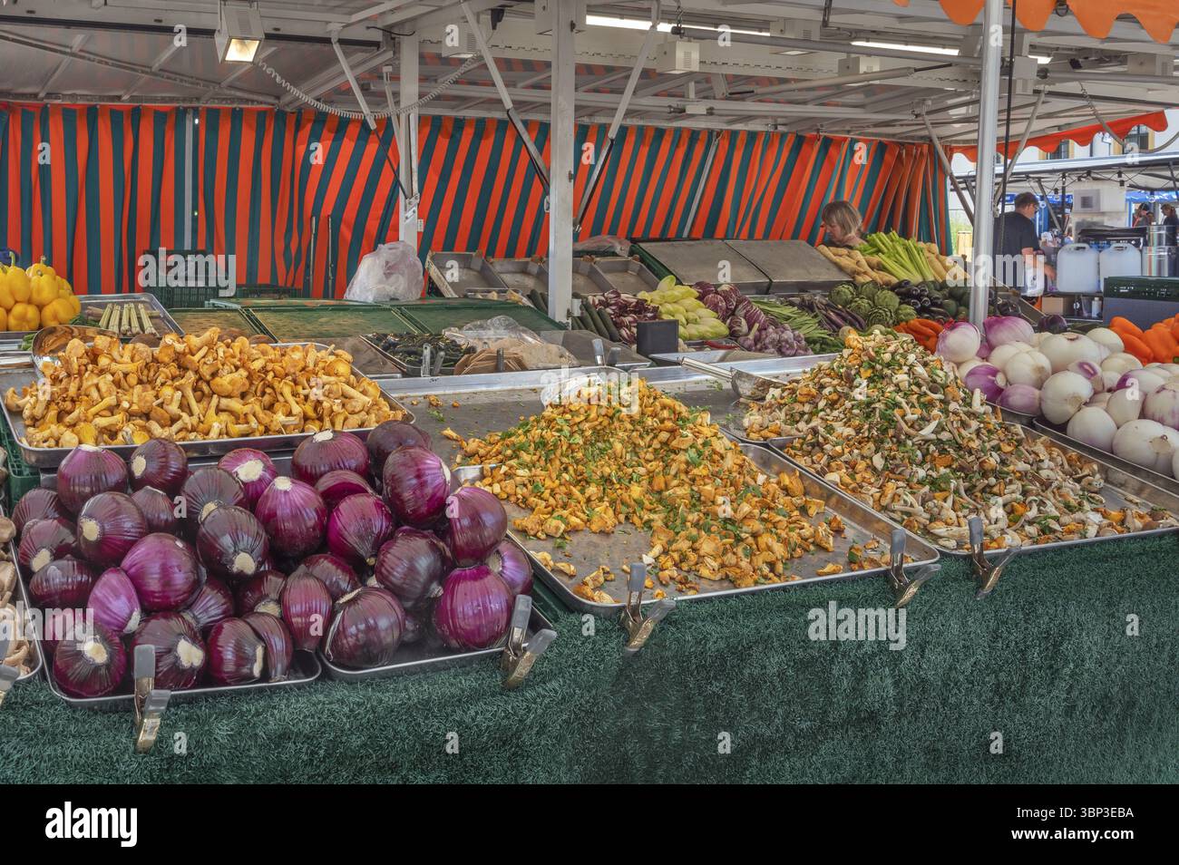 Stalla con verdure e funghi, funghi al mercato settimanale, Kempten, Allgaeu, Svevia, Baviera, Germania, Europa Foto Stock