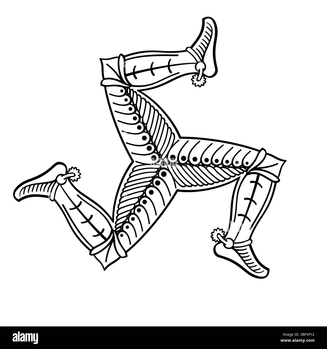 Triskelion di 3 gambe umane piegate in armatura. Motivo Triskele, gamba tripla, sembra correre e suggerire un movimento in senso orario. Simbolo dal periodo ellenistico. Foto Stock