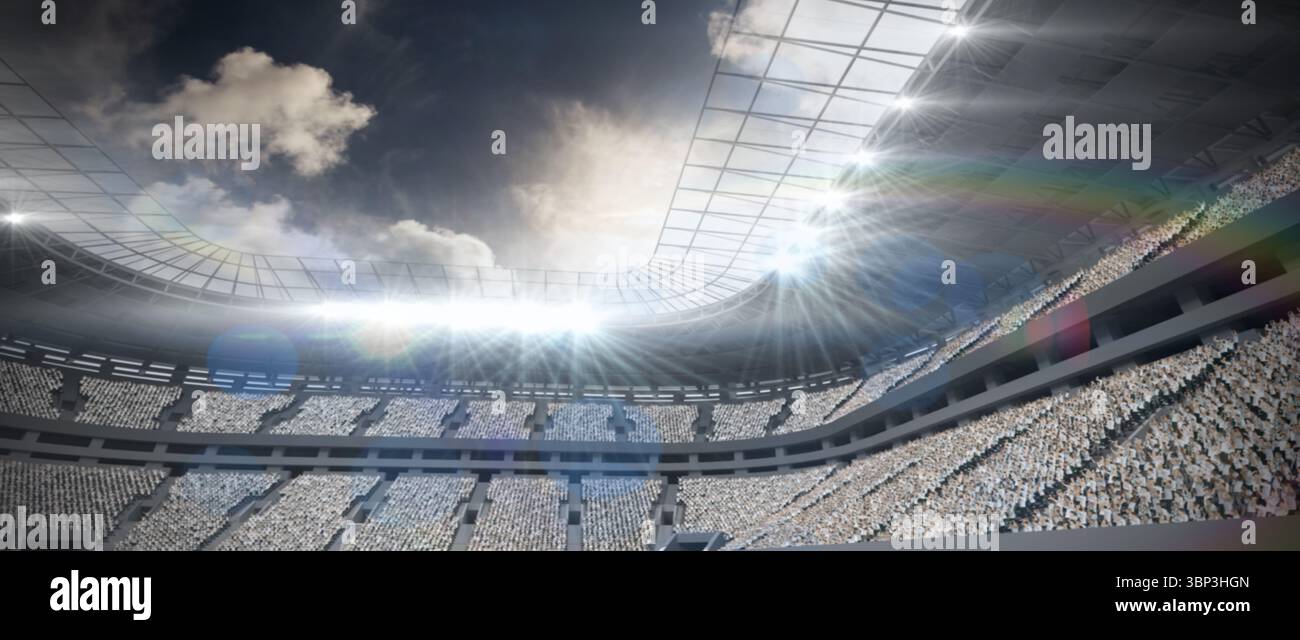 La ciotola da stadio dal design piatto è caratterizzata da una fitta folla di posti a sedere sotto il tetto traslucido con luce parassita Foto Stock