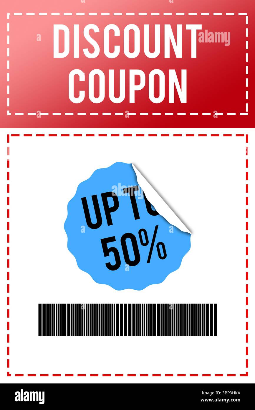 L'immagine del coupon a larghezza intera mostra un layout piatto con adesivo blu, codice a barre nero, bordo tratteggiato Foto Stock