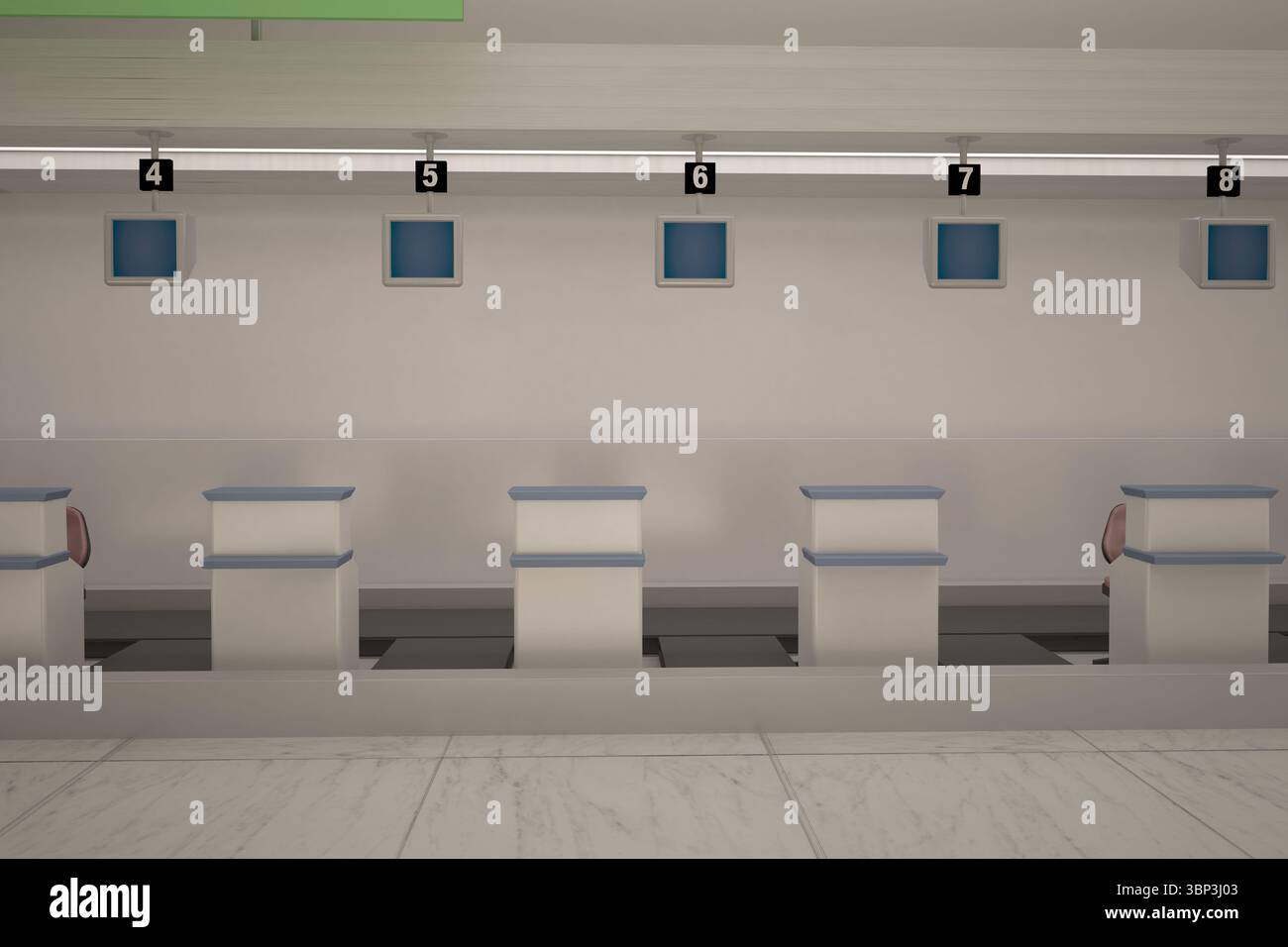 Design piatto che mostra una fila vuota di cinque banchi di check-in aeroportuali con monitor vuoti numerati 4–8 Foto Stock