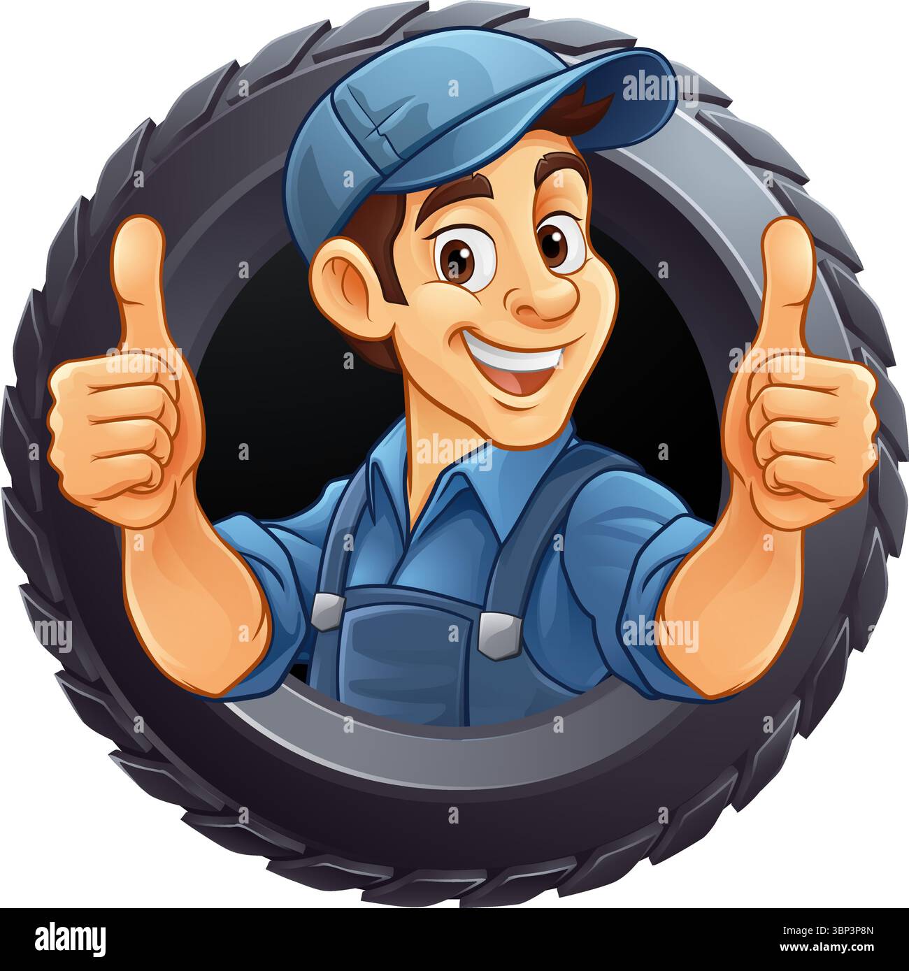 Pneumatico pneumatico meccanico per l'assistenza auto Mascotte Cartoon Man Illustrazione Vettoriale