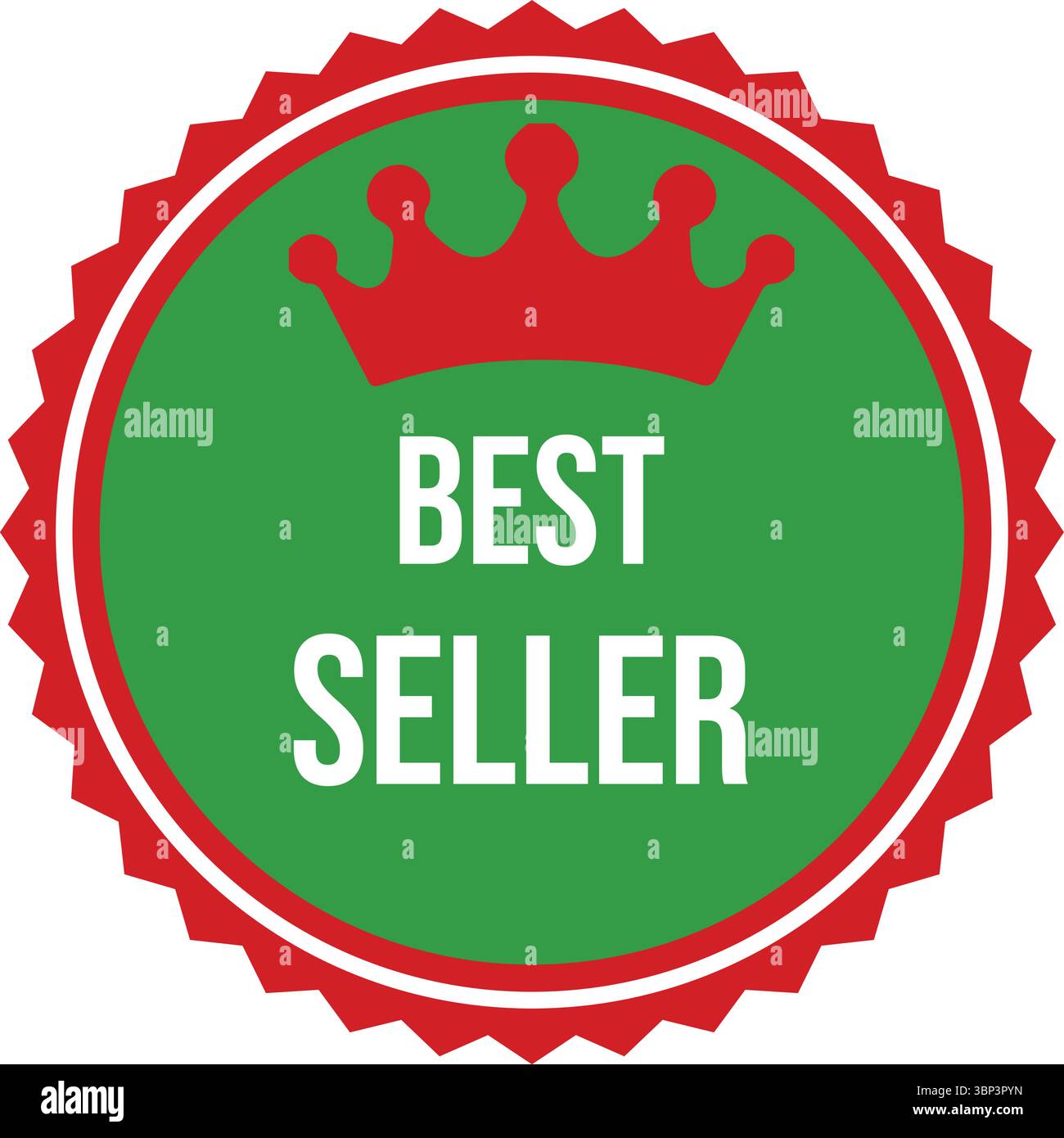"Grafico del badge Crown "Best Seller" in rosso e verde smerlato. Illustrazione Vettoriale