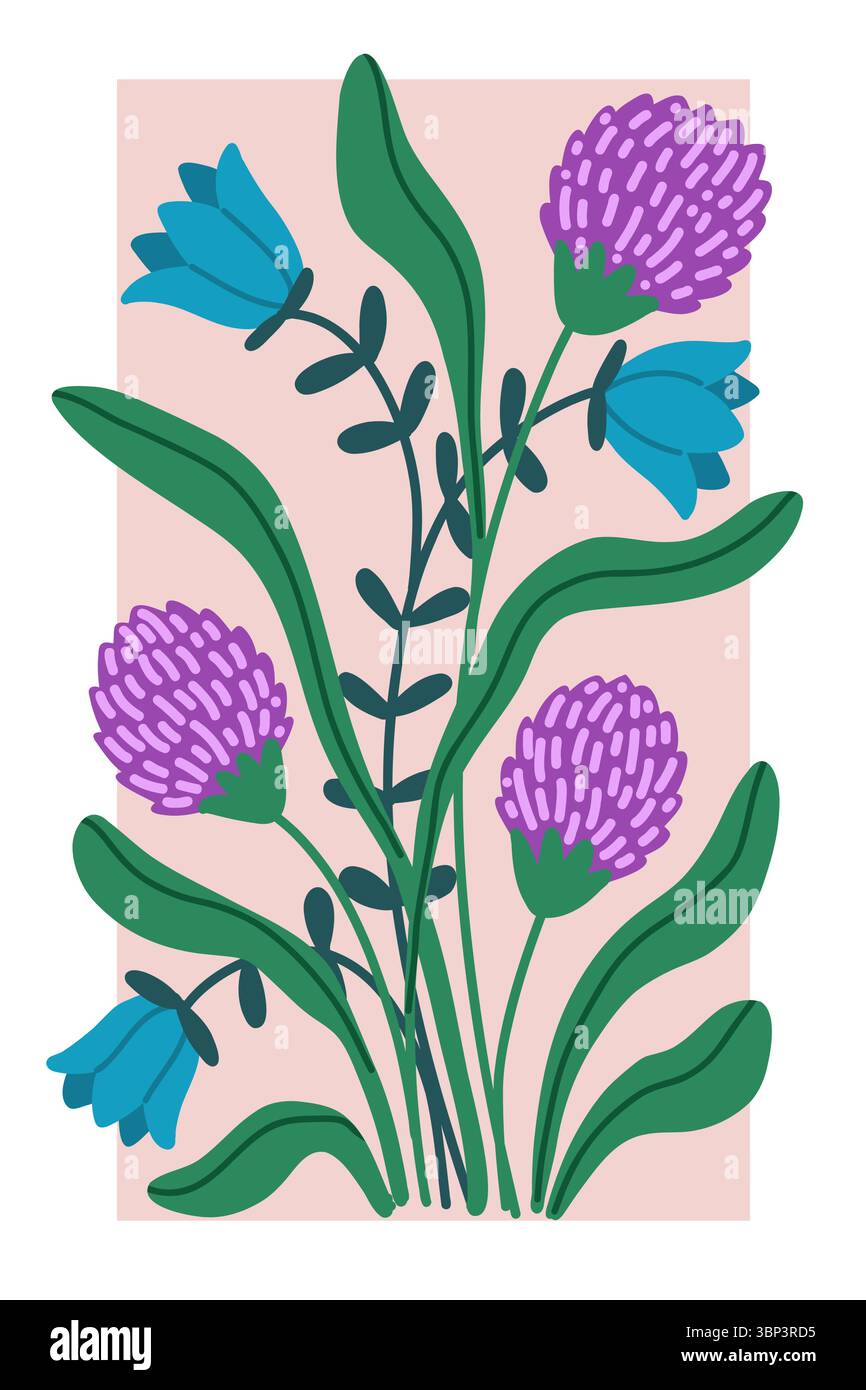 Bouquet di fiori selvatici con trifoglio e fiore di campana Illustrazione Vettoriale