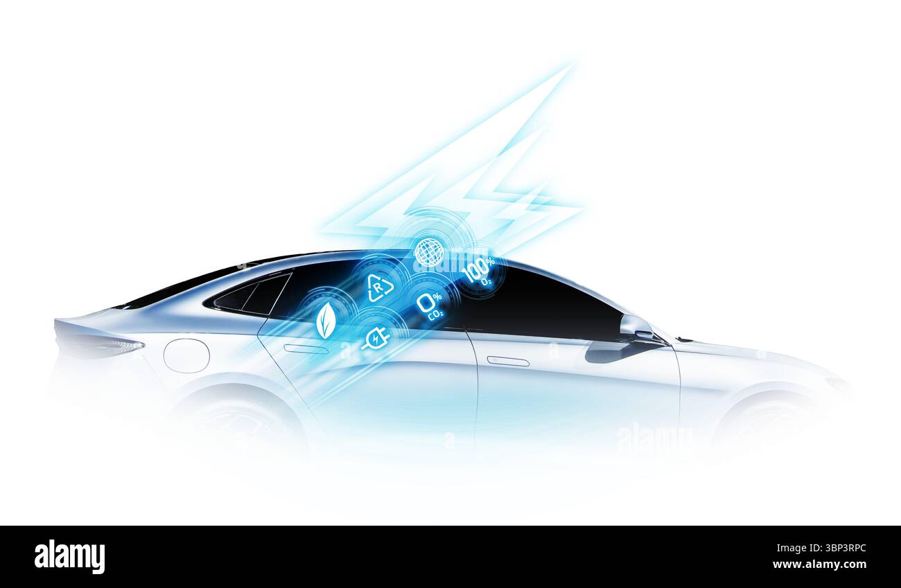 Concetto di cavo di alimentazione pompa collegare l'alimentazione di carica all'auto elettrica EV con icona Save the World. Foto Stock