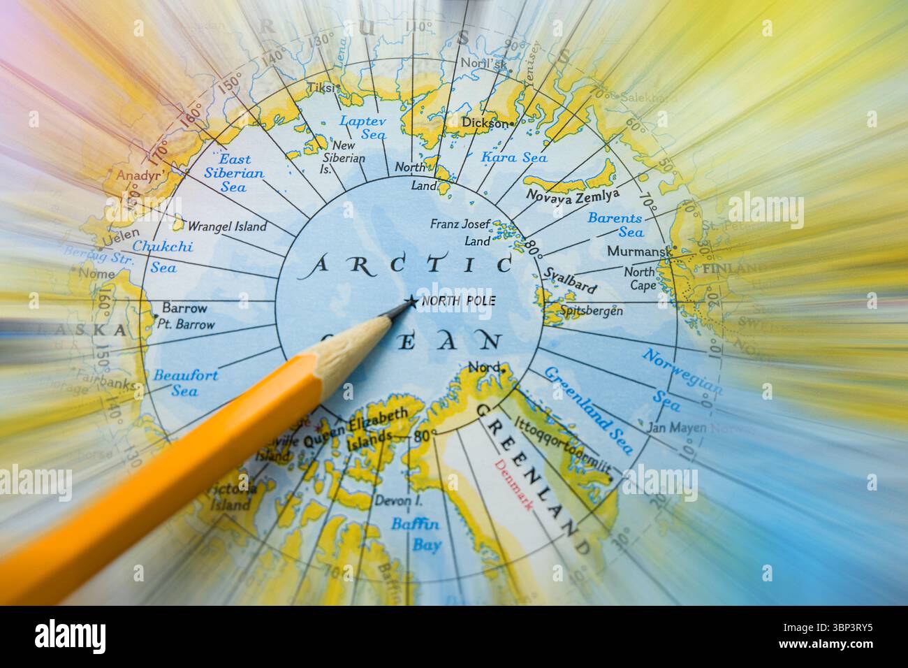 Polo Nord sulla mappa. Matita che indica la città o lo stato Foto Stock