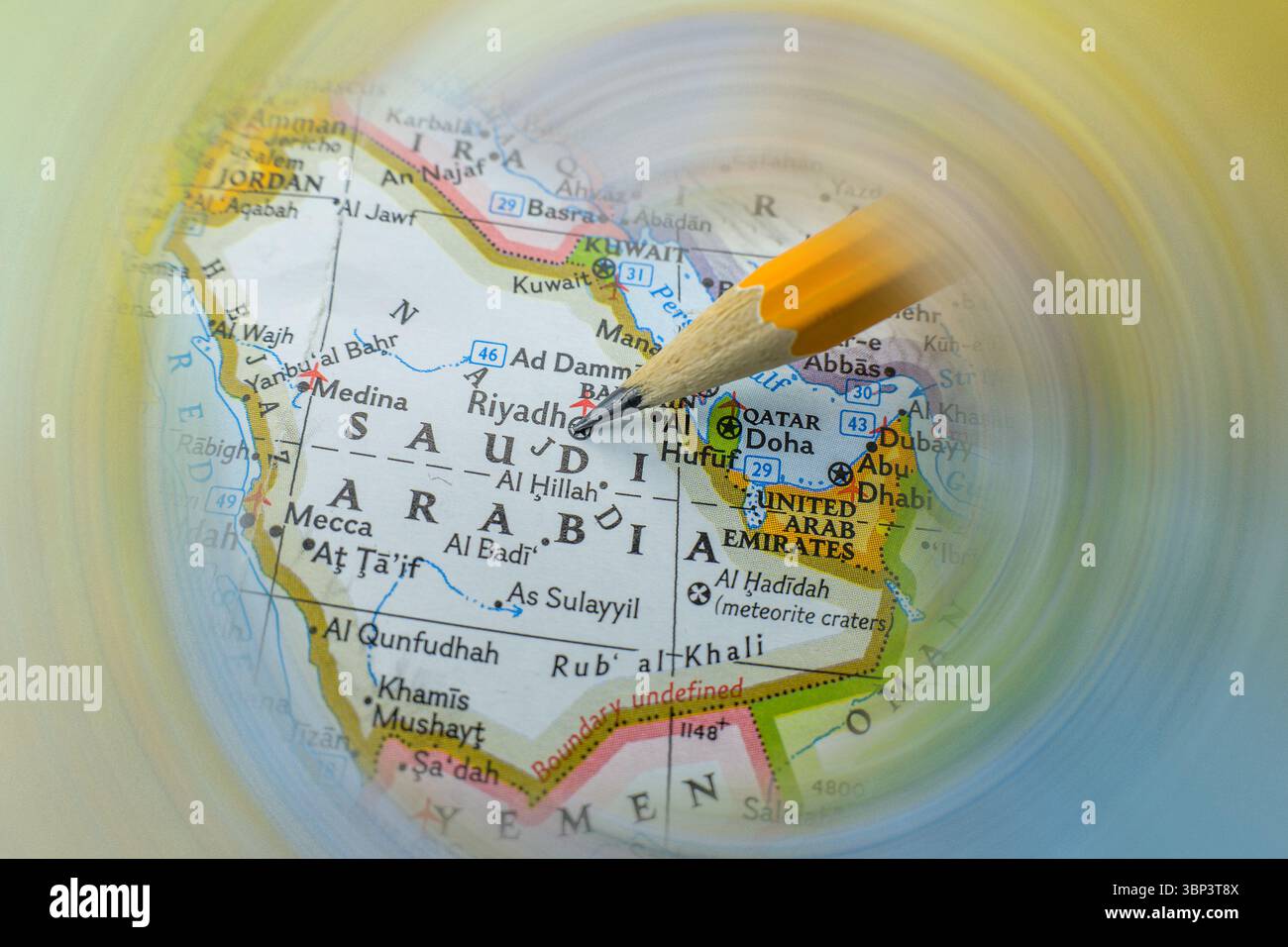 Riyadh – Arabia Saudita sulla mappa. Matita che indica la città o lo stato Foto Stock