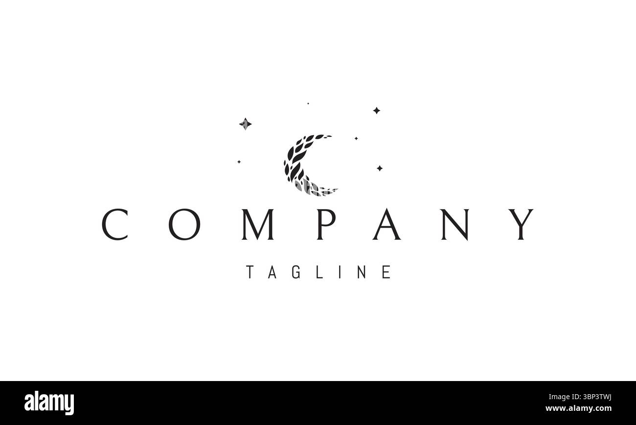 Un logo vettoriale con un'immagine astratta una luna crescente formata da foglie a strati, sullo sfondo di stelle. Illustrazione Vettoriale