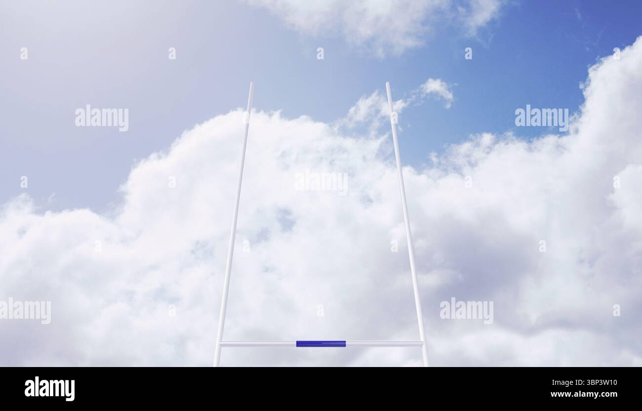 La struttura del montante di porta Rugby è in piedi contro un cielo parzialmente nuvoloso con un design piatto, con imbottitura colorata Foto Stock
