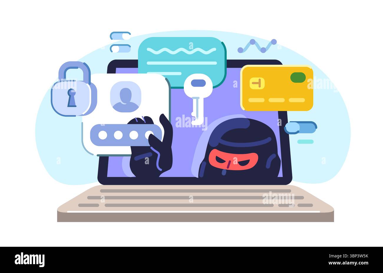 Hacking informatico, vulnerabilità e furto di dati sicuri. L'hacker ruba nomi utente e password da Internet Illustrazione Vettoriale