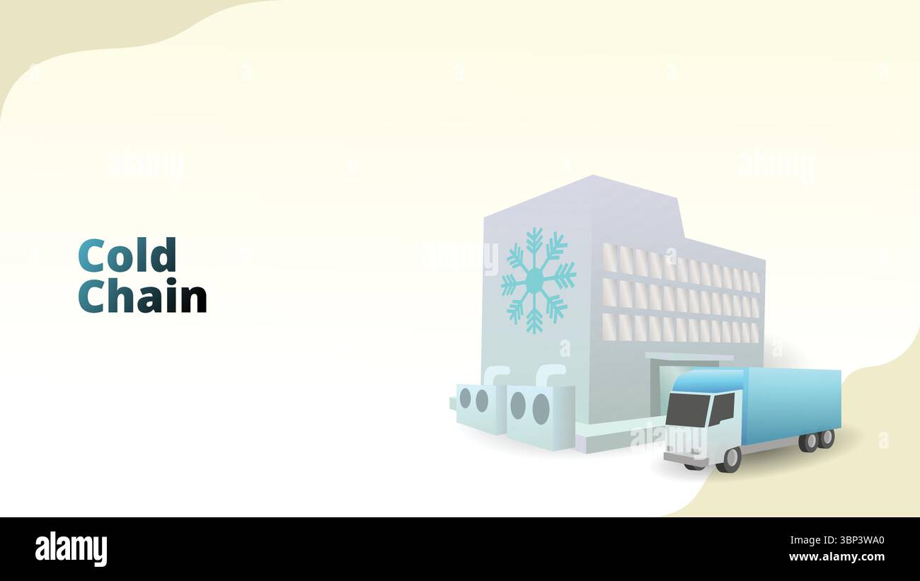 concetto di catena del freddo. Una catena di approvvigionamento che mantiene fresche le merci. autocarro e fabbrica con impianto di climatizzazione. illustrazione vettoriale i della gestione della catena di approvvigionamento Illustrazione Vettoriale