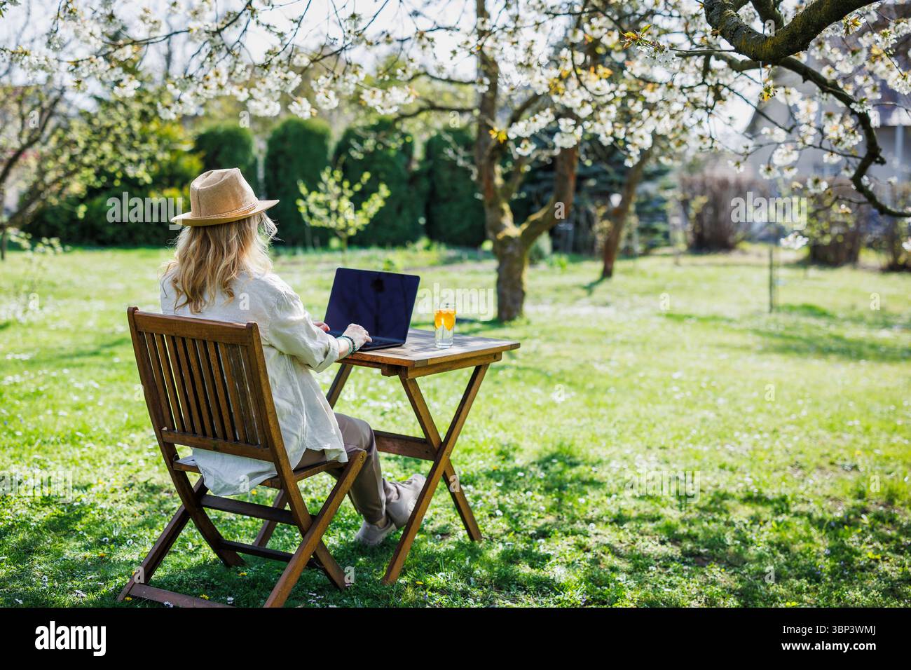 Donna che usa un notebook sotto un albero in fiore nel giardino di primavera. Concetto di lavoro freelance e lavoro in remoto Foto Stock