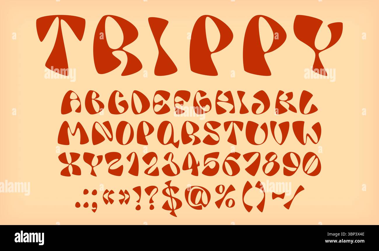 Lettere font Trippy, stile vintage Groovy, carattere psichedelico retrò, alfabeto abc anni '60 70. Tipo vettoriale hippy funky caratteri inglesi abc tipografia Illustrazione Vettoriale