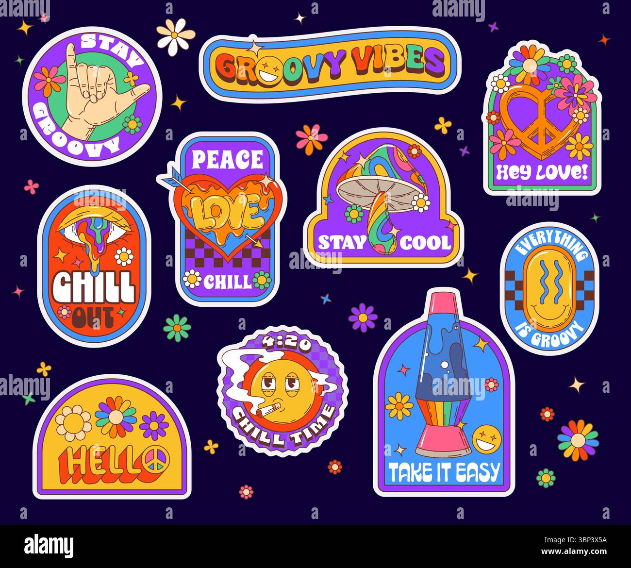 Etichette adesive con scanalature Y2K. Vivace serie psichedelica di toppe retrò anni '70, tra cui segno di pace, lampada lavica, funghi, sorrisi e slogan hippie. Vettore n Illustrazione Vettoriale