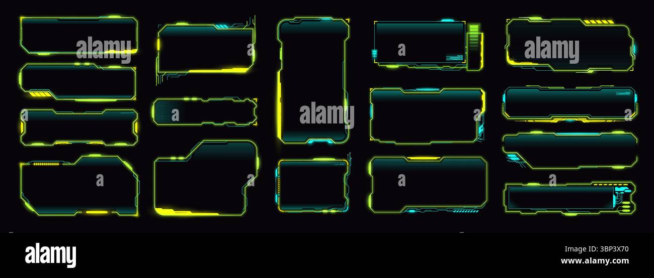 Interfaccia HUD del gioco cyberpunk al neon, elementi dell'interfaccia utente vettoriale. Future cornici, caselle di testo digitali e schermate per le tecnologie informatiche. Cruscotto moderno gioco fantascientifico fr Illustrazione Vettoriale