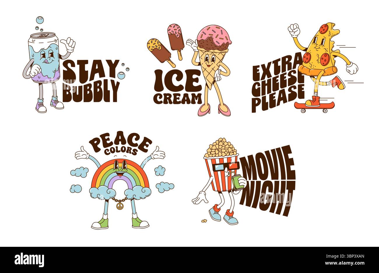 Cartoni fast food y2k Groovy adesivi. Spuntini divertenti in stile retrò, arcobaleno, gelati e slogan tipografici come "Stay Bubbly", "extra cheese pleas" Illustrazione Vettoriale