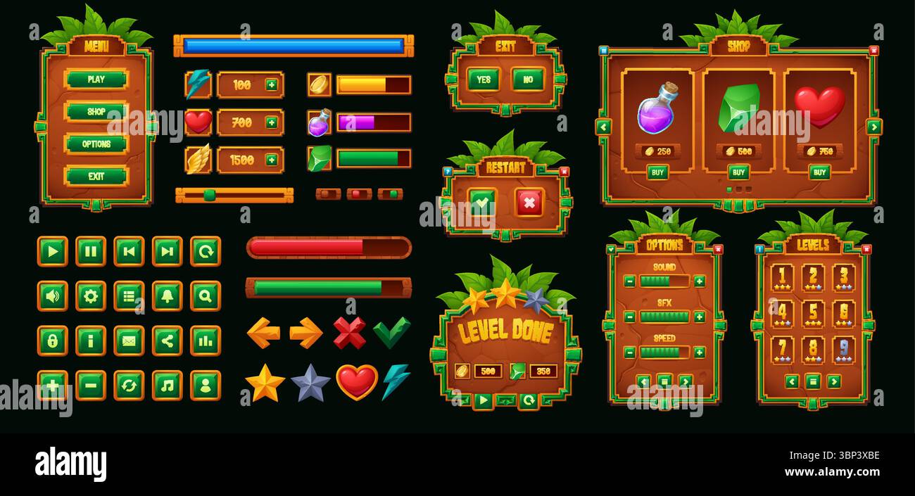 Interfaccia utente di gioco messicana Inca Maya Aztec e risorsa elementi pulsante. Cartoon, giungla vettoriale e avventura tropicale o platform game gui kit Slider, le Illustrazione Vettoriale
