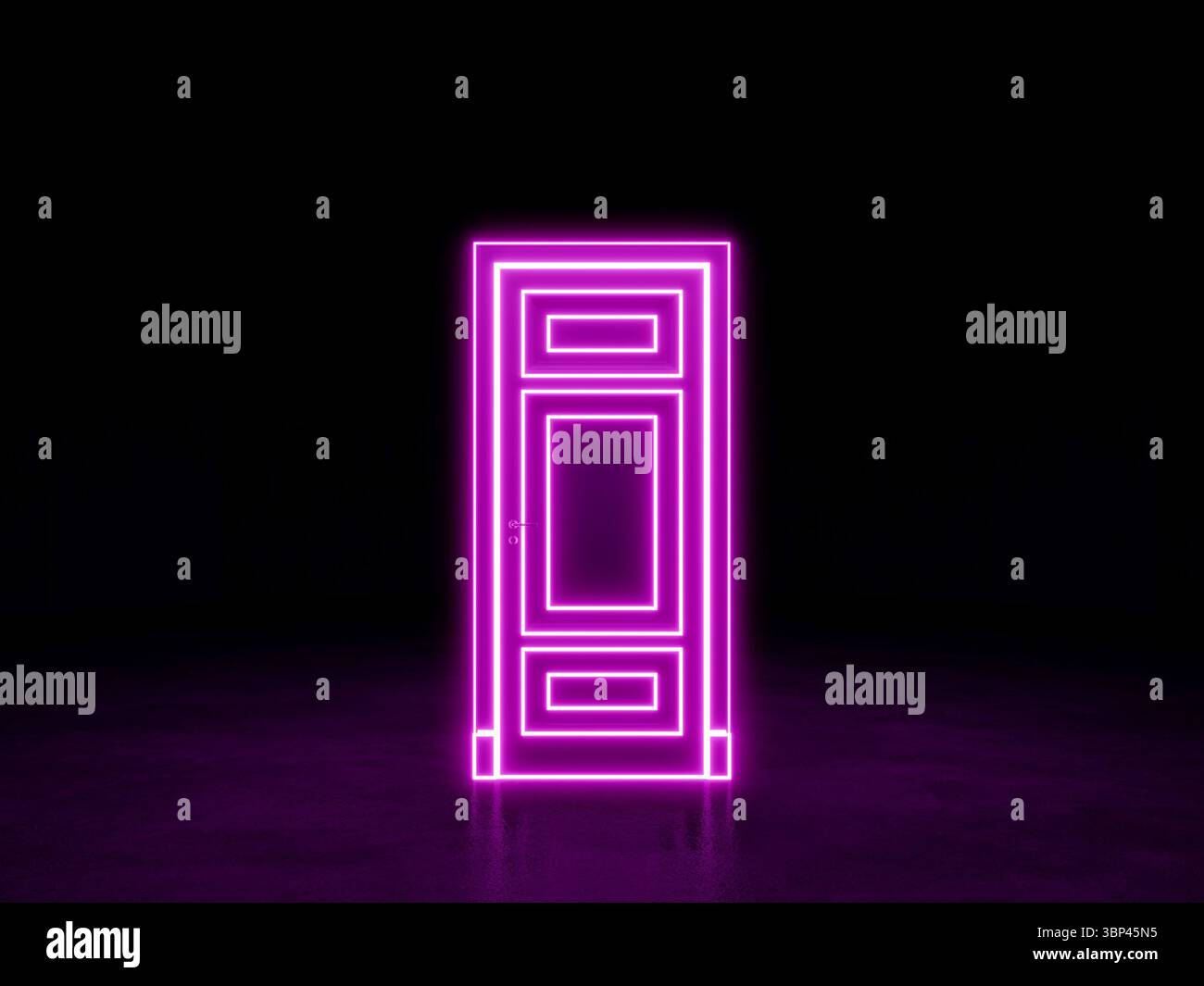 La porta nello spazio buio. Porta al neon viola rosa. Rendering 3D. Foto Stock