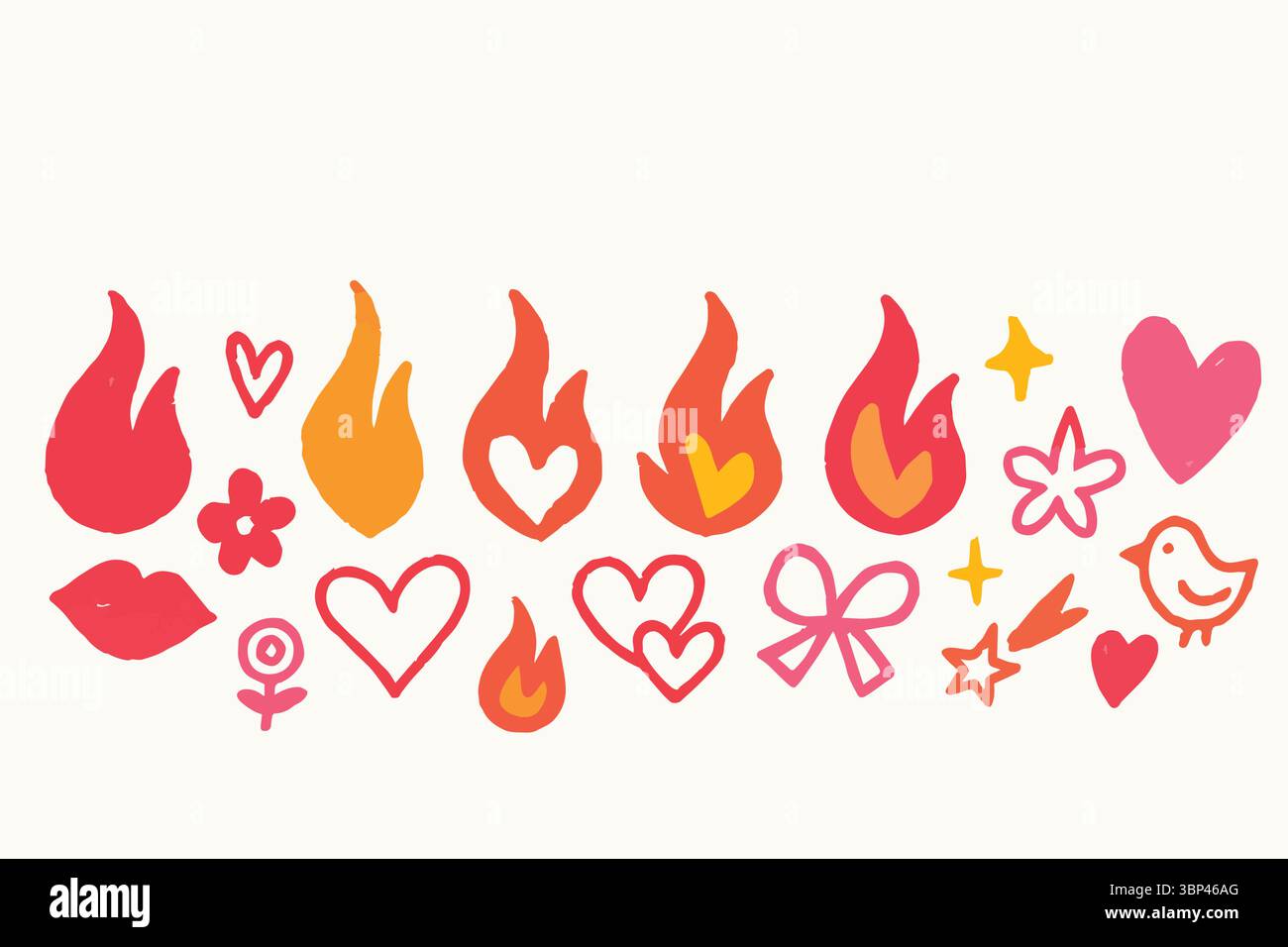 Vivace collezione Doodle di cuori, fiamme, stelle e icone giocose Illustrazione Vettoriale
