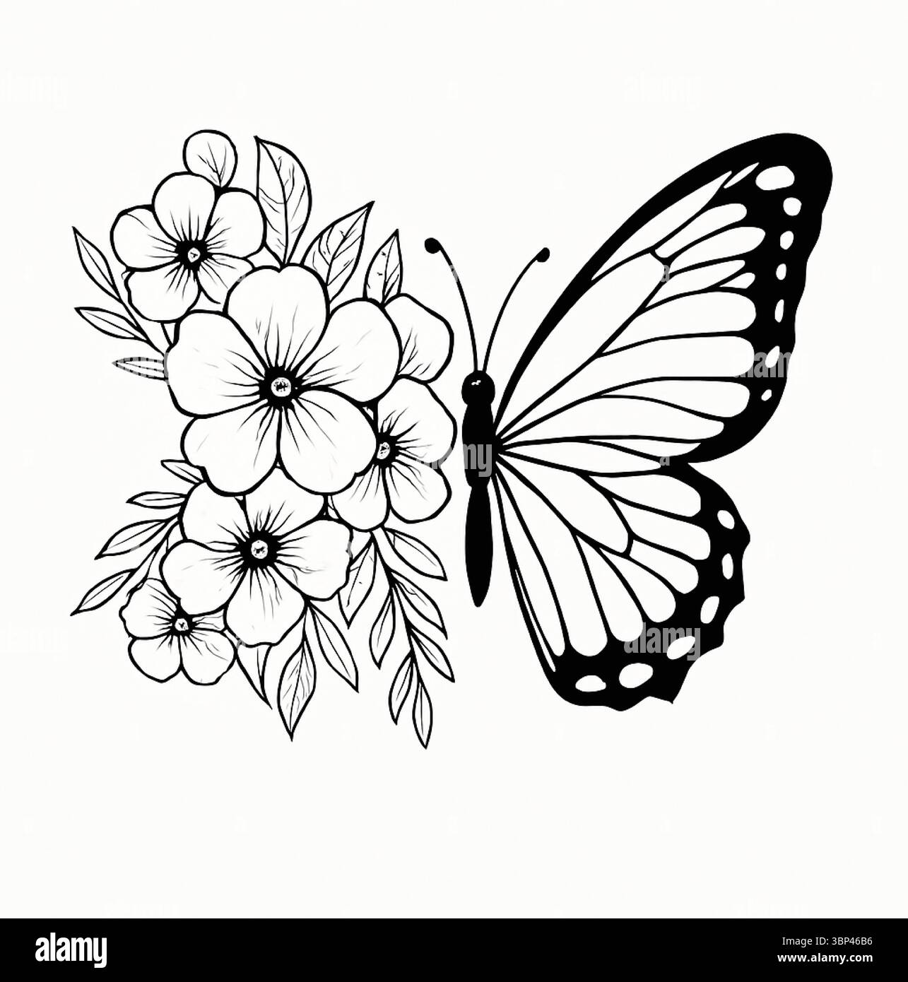 Elegante silhouette floreale e farfalla in un elegante design monocromatico Illustrazione Vettoriale