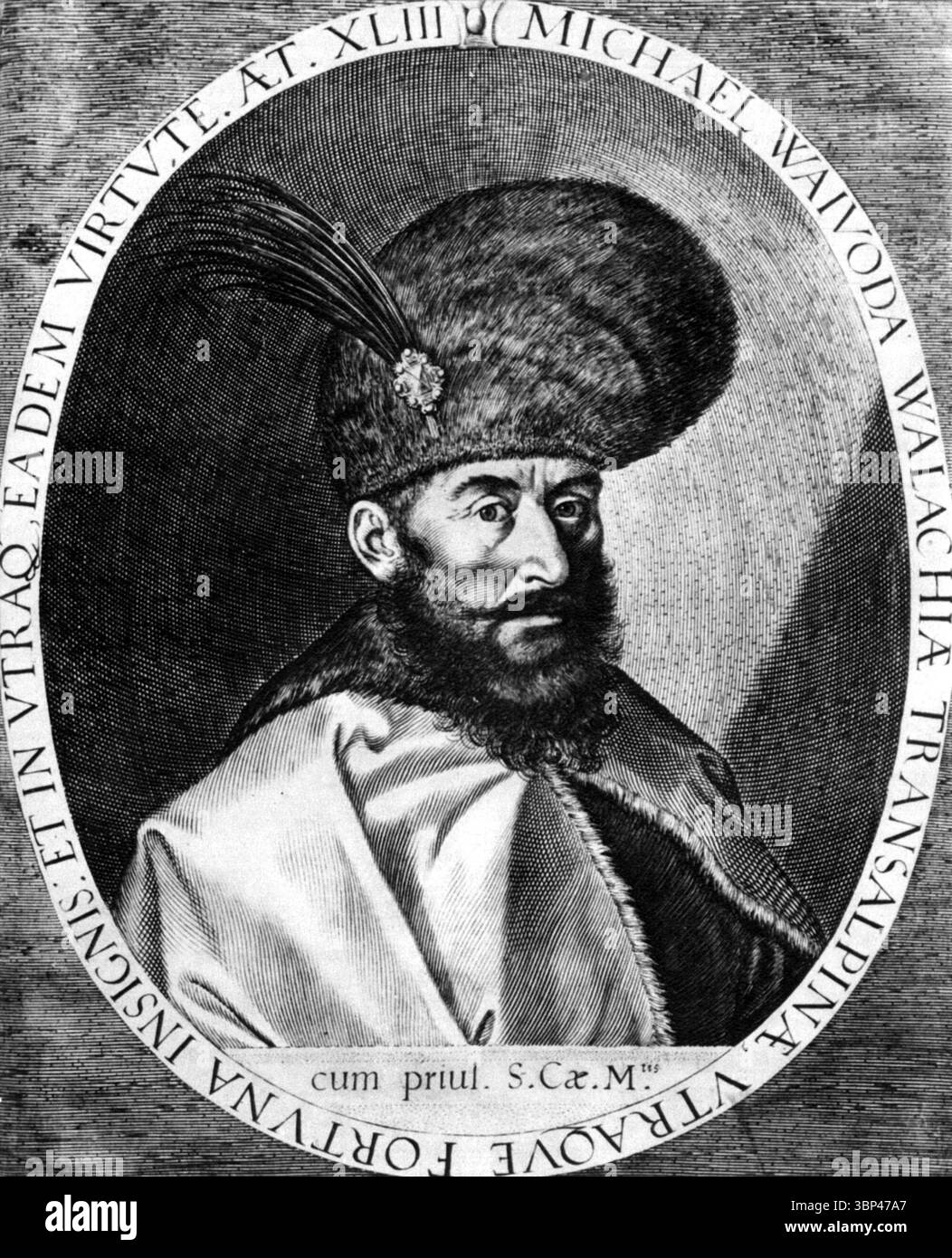 Un'incisione di Michele il coraggioso (rumeno: Mihai Viteazul) Voivoda (Principe) del Principato di Valacchia (1593-1600), Transilavnia (1599-1600) e Moldavia (1600) e il primo sovrano rumeno a unire con successo tutti i paesi abitati da etnia rumena (anche se per un breve periodo). È quindi considerato l'eroe nazionale più importante della Romania. c. 1600. Foto Stock