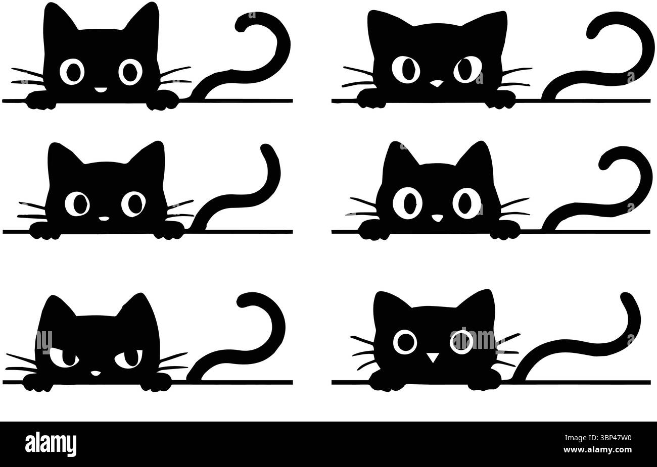 Le graziose silhouette Black Cat sbirciano sulla linea in uno stile minimalista Illustrazione Vettoriale