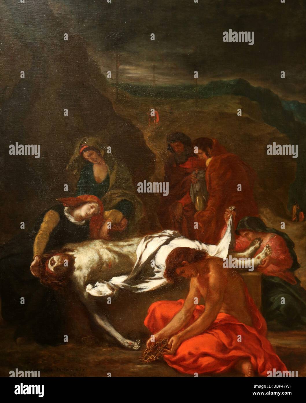 The Lamentation (Cristo alla tomba) di EUG'ne Delacroix (1798?1863). Questo dipinto raffigura un momento cruciale nella teologia cristiana: Il Lamentazione di Cristo, dove il suo corpo è pianto dai suoi seguaci dopo la crocifissione, prima della sua sepoltura. Delacroix fu una figura di spicco del movimento romantico nella pittura francese, caratterizzata dalla sua enfasi sull'emozione, il dramma e il colore intenso. 1848. Foto Stock