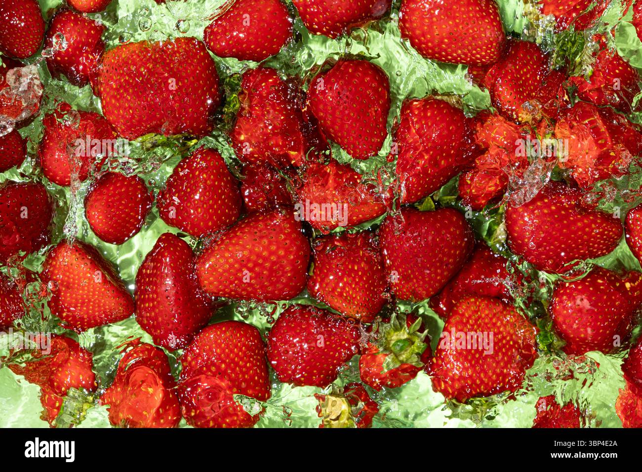 Tutta la fragola è caduta in acqua. Effetto Splash e look estivo vivace Foto Stock