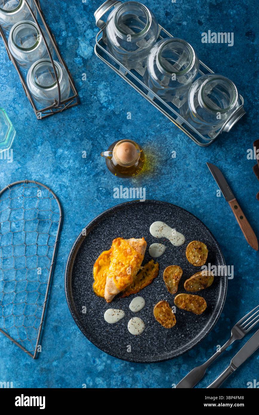 Elegante presentazione di pollo e patate con salsa su sfondo blu Foto Stock