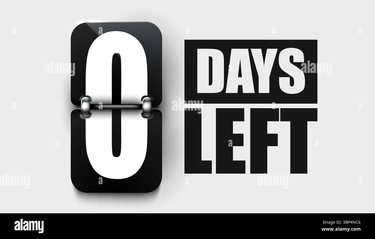 Mancano 0 giorni. Sconti per conto alla rovescia e tempo di vendita. Segno giorni rimasti, etichetta. Illustrazione vettoriale Illustrazione Vettoriale