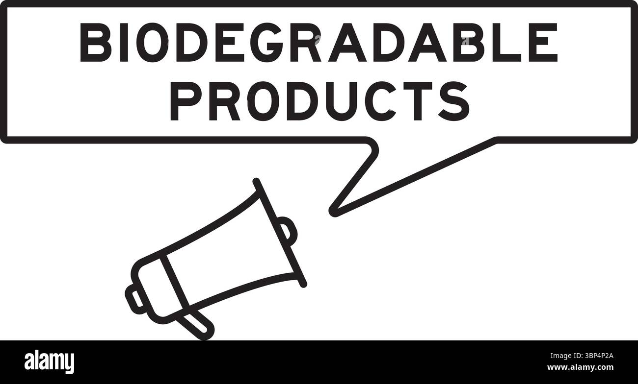 Icona megafono con bolla vocale in parola prodotti biodegradabili su sfondo bianco Illustrazione Vettoriale