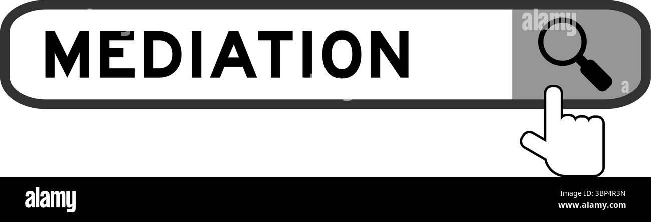 Cerca banner in Word mediation con l'icona della lente di ingrandimento a mano su sfondo bianco Illustrazione Vettoriale