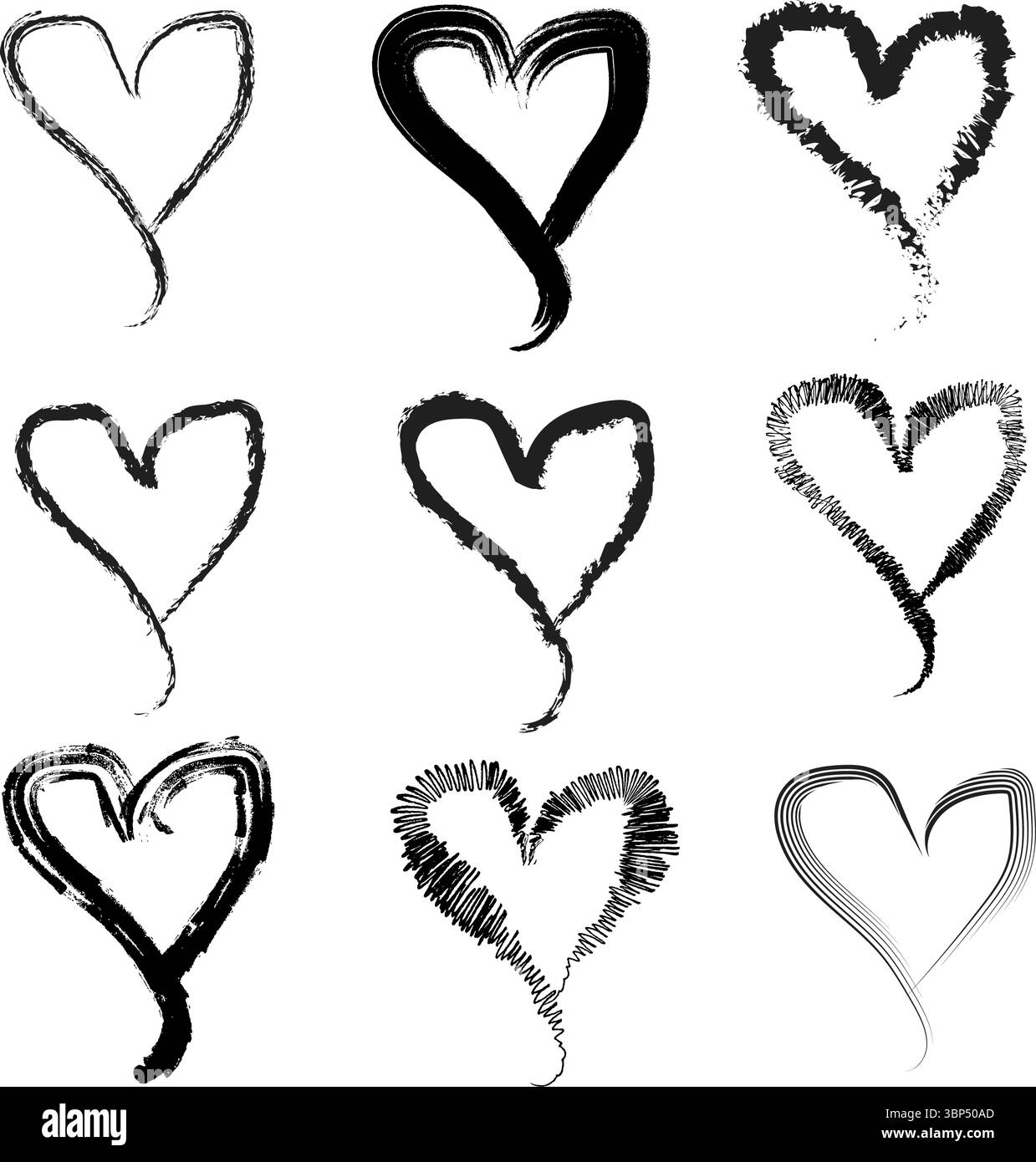 Set di icone a forma di cuore: Nove esclusivi design a forma di cuore in stile spazzola nera Illustrazione Vettoriale