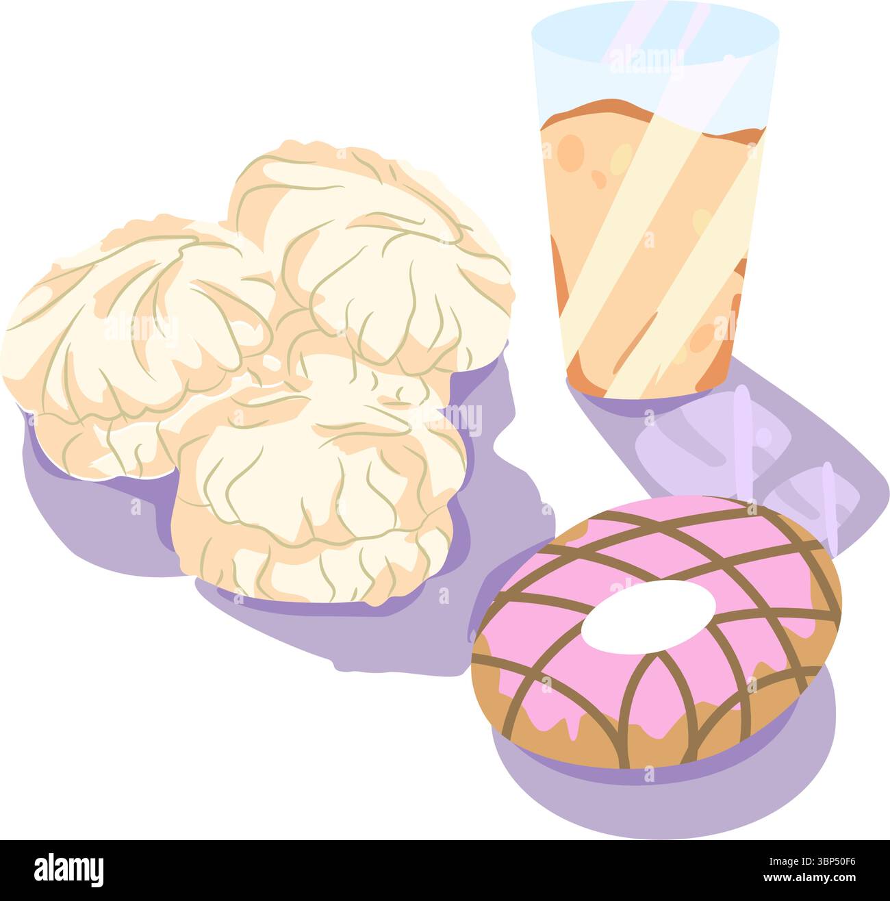 Ciambelle, marshmallow e un bicchiere di acqua frizzante. Illustrazione Vettoriale