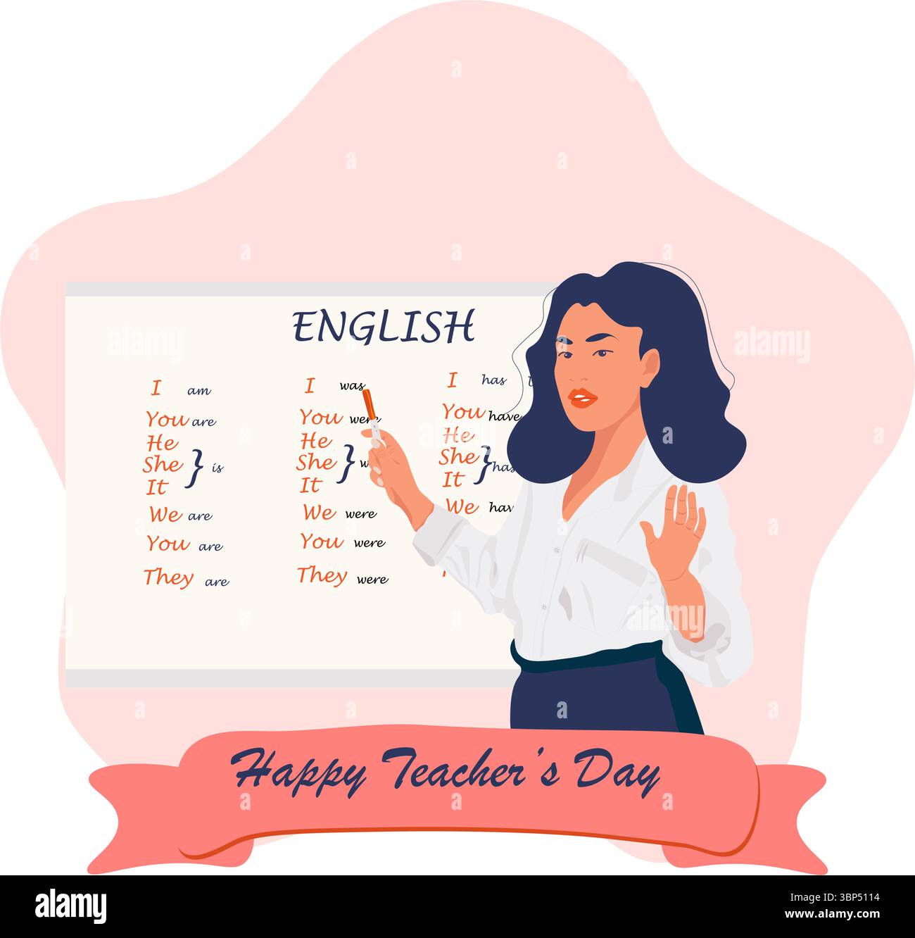 Modello di poster di sfondo per la giornata dell'insegnante. Insegnante donna con illustrazione vettoriale del gesto della mano davanti alla scena della classe. Illustrazione Vettoriale