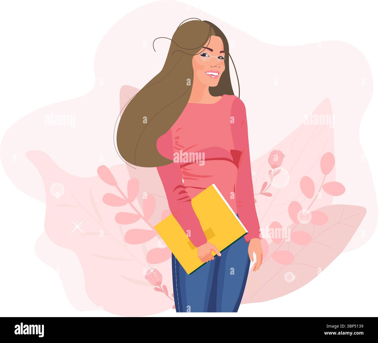 Donna con un libro. Giornata dell'insegnante, concetto del giorno dell'alfabetizzazione. Illustrazione Vettoriale