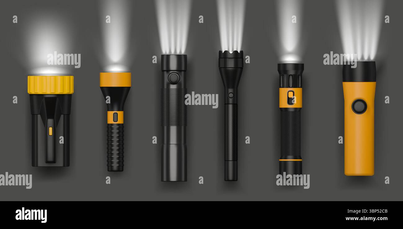 Spia luminosa. Fascio di luce 3D. Batteria lampeggiante. Apparecchiature per torce. Proiettore tascabile. Raggio proiettore luminoso. Il bagliore della Lanterna. Illuminazione elettrica. Set di oggetti di illuminazione realistici vettoriali Illustrazione Vettoriale