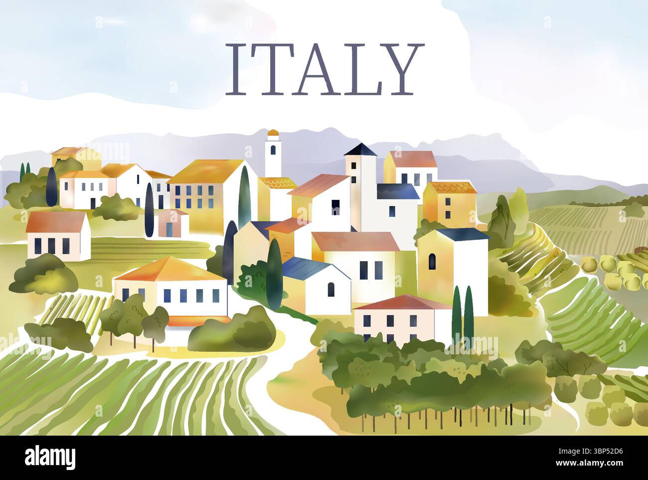 Villaggio italiano. Vigneto toscano in Italia. Paesaggio di acquerelli toscani. Campo rurale dell'azienda vinicola. Viaggi estivi. Colline panoramiche. Edifici di campagna. Olivicoltura. Schizzo del paesaggio urbano a colori vettoriali Illustrazione Vettoriale